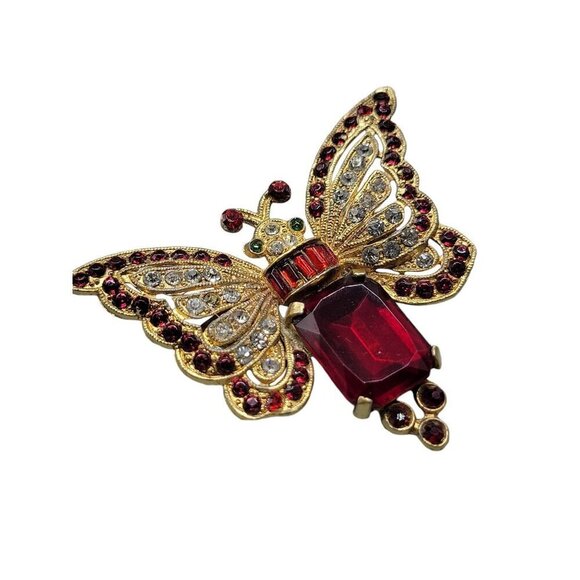 Antique Czech Glass Moth Brooch Red Clear Green Rhinestones Gold Tone - Picture 1 of 7